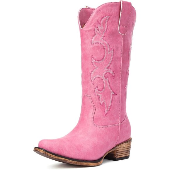 Women Pink Faux Leather Snip Toe Chunky Block Heel Embroidered Western Boot - Picture 4 of 5